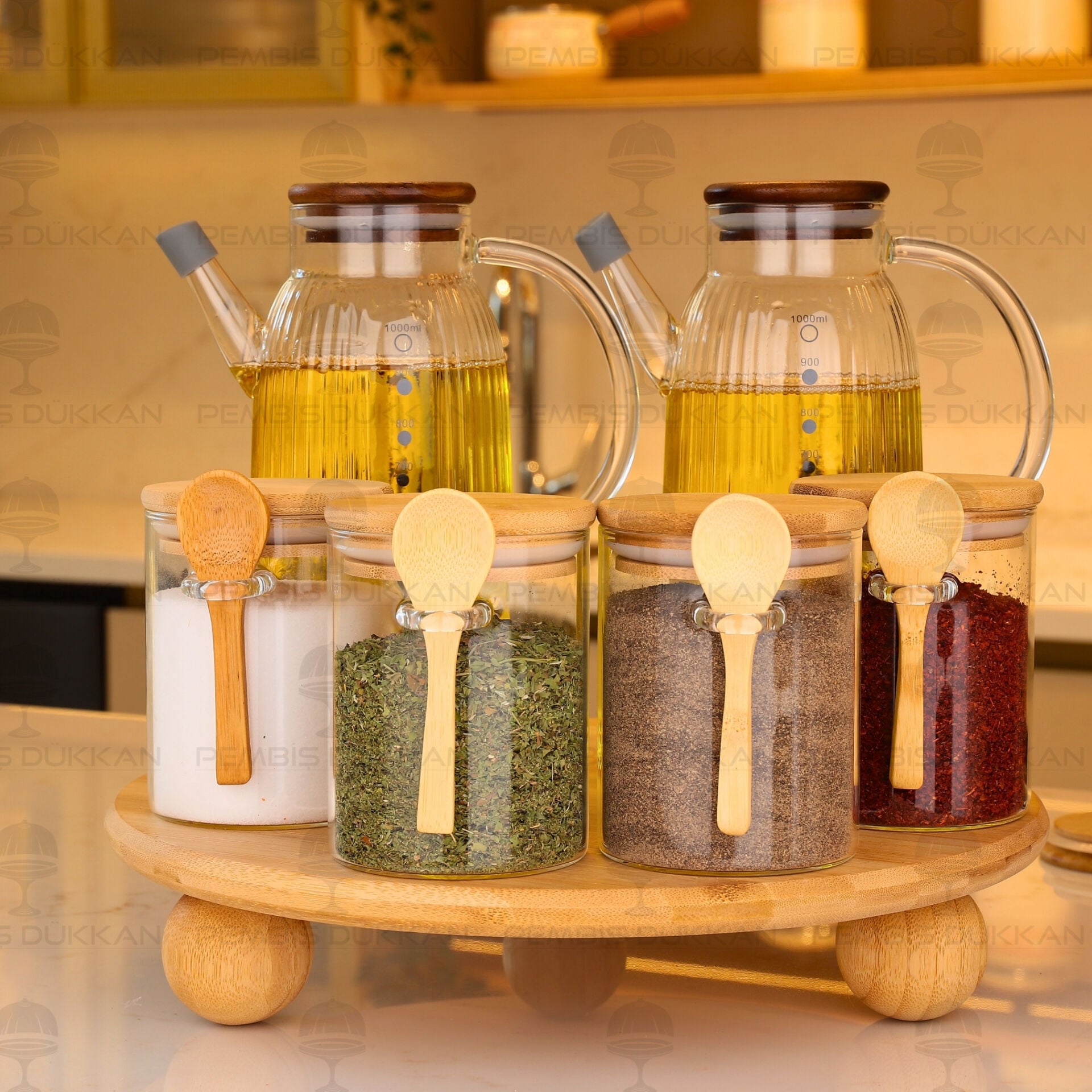6lı Bambu Standlı Ocak Yanı Yağdanlık Kombin Set 170