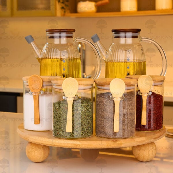 6lı Bambu Standlı Ocak Yanı Yağdanlık Kombin Set 170