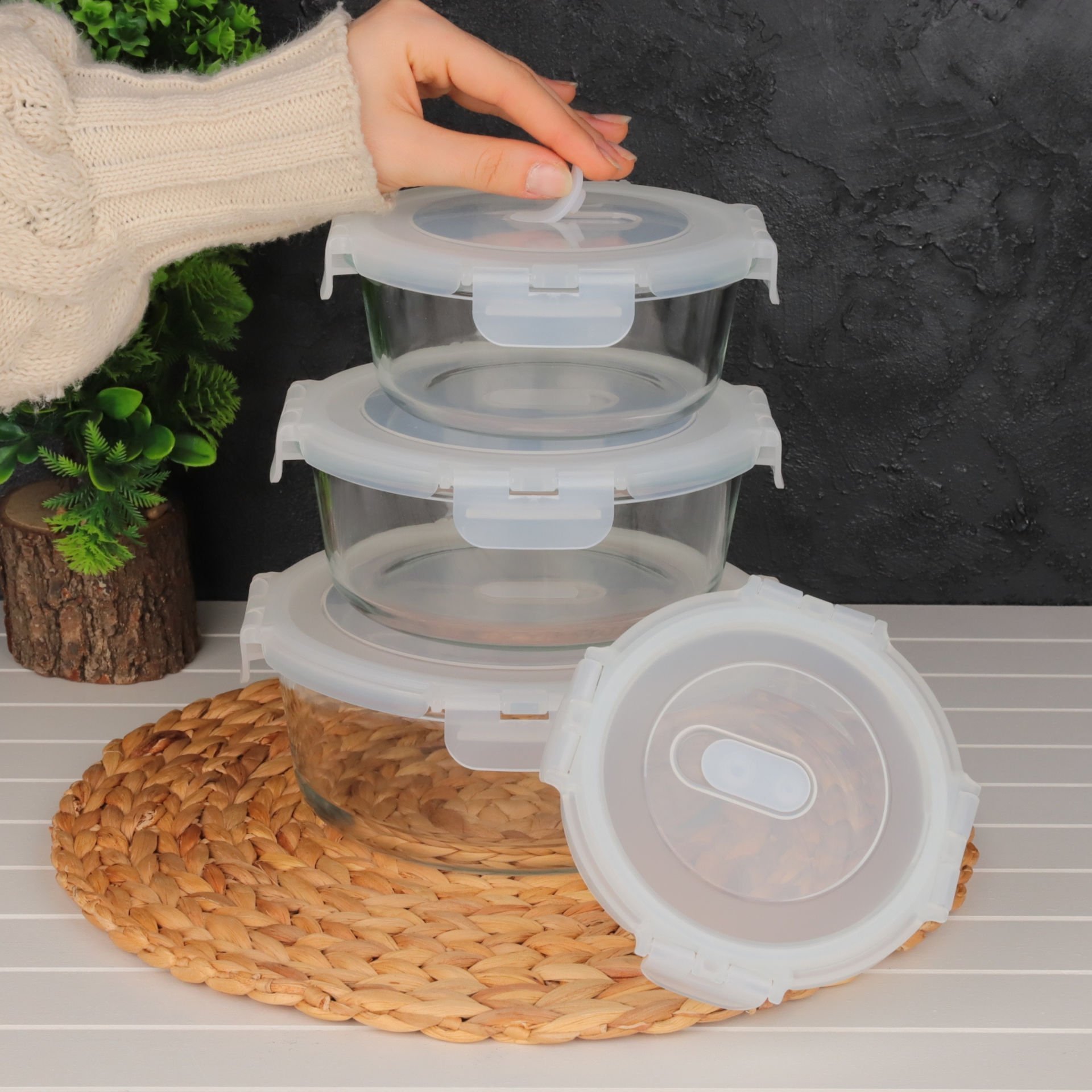 FRESHLOCK 3LÜ YUVARLAK  VAKUMLU, KİLİTLİ CAM SAKLAMA KABI SET