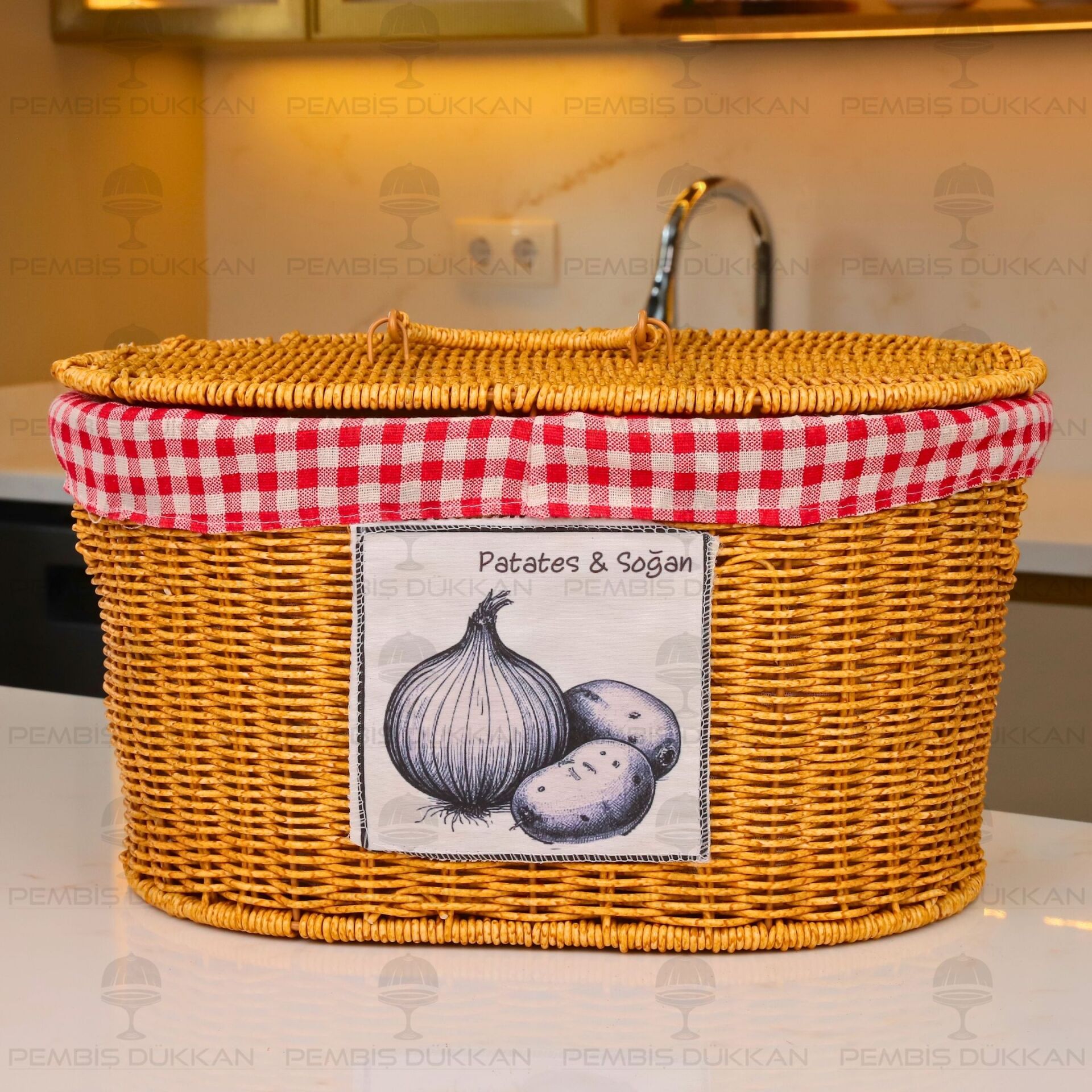 OVAL KAPAKLI RATTAN BEZLİ 2 BÖLMELİ PATATES & SOĞAN SEPETİ (9T03)