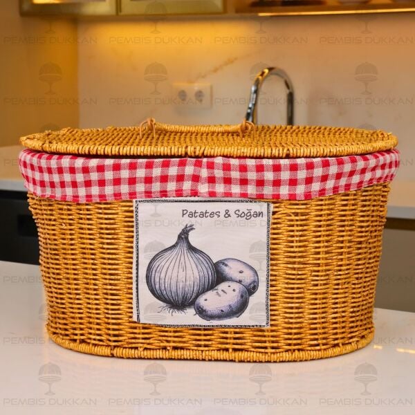 OVAL KAPAKLI RATTAN BEZLİ 2 BÖLMELİ PATATES & SOĞAN SEPETİ (9T03)