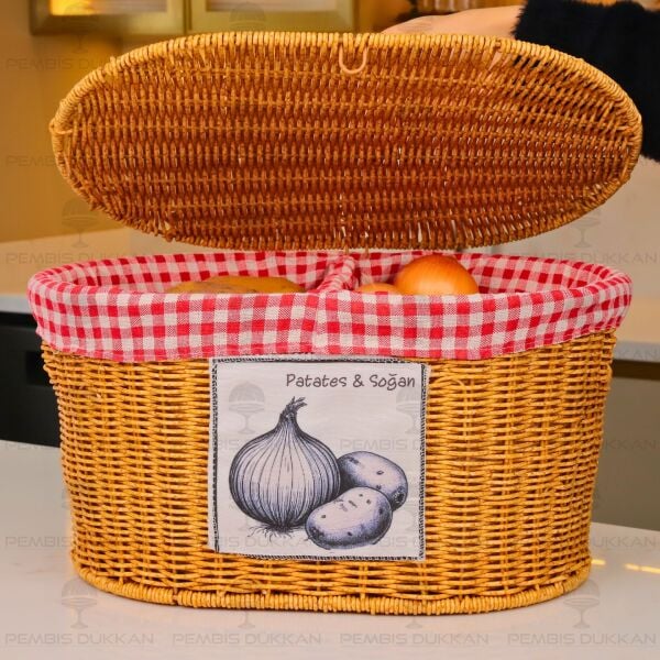 Oval Kapaklı Rattan Bezli 2 Bölmeli Patates & Soğan Sepeti (9t03)
