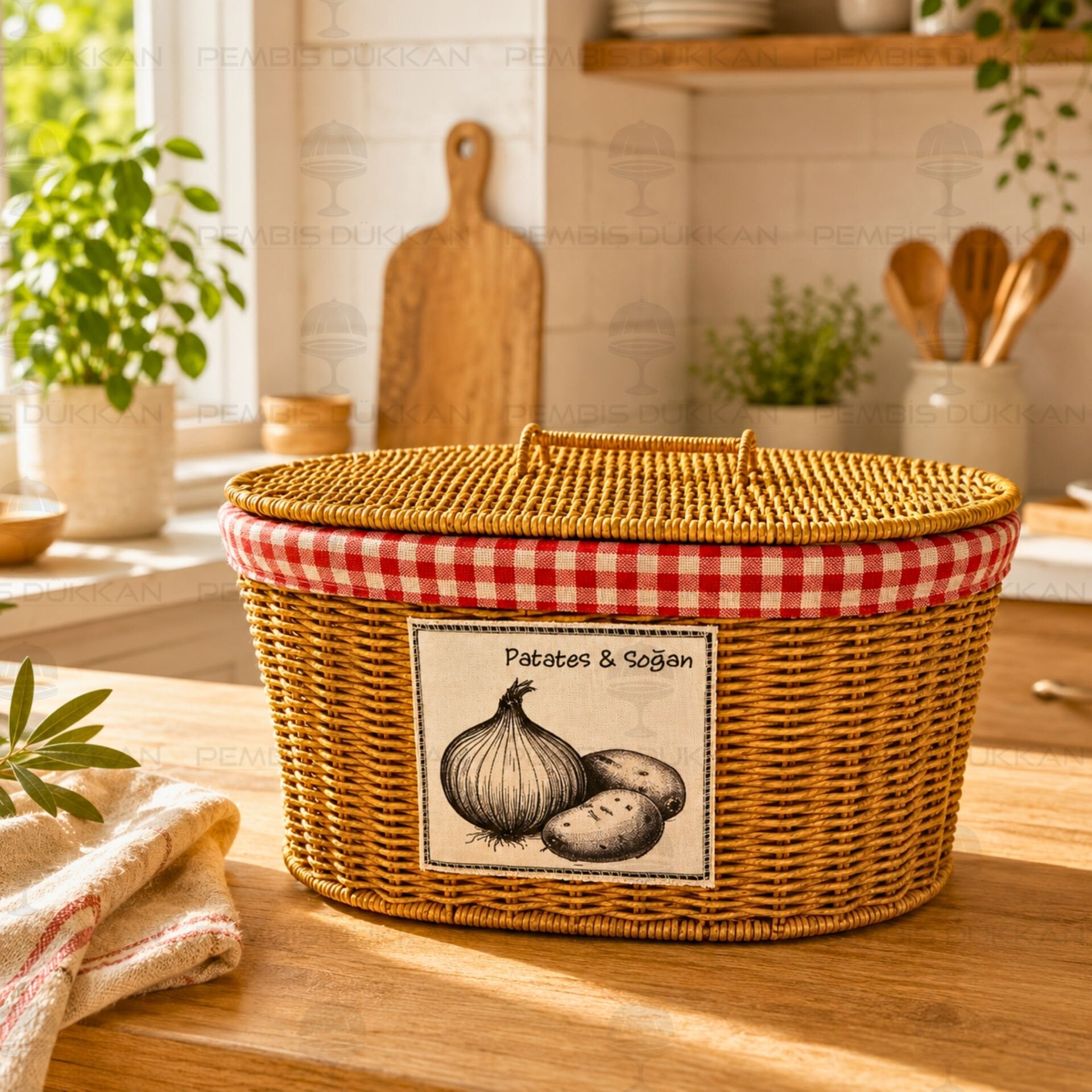 OVAL KAPAKLI RATTAN BEZLİ 2 BÖLMELİ PATATES & SOĞAN SEPETİ (9T03)