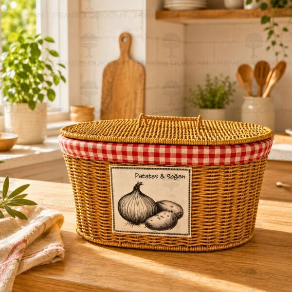 OVAL KAPAKLI RATTAN BEZLİ 2 BÖLMELİ PATATES & SOĞAN SEPETİ (9T03)
