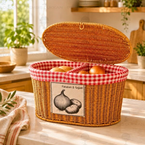 Oval Kapaklı Rattan Bezli 2 Bölmeli Patates & Soğan Sepeti (9t03)