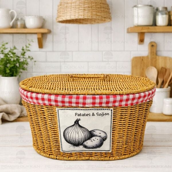 OVAL KAPAKLI RATTAN BEZLİ 2 BÖLMELİ PATATES & SOĞAN SEPETİ (9T03)