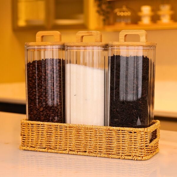 3LÜ MİLLA TEZGAH ÜSTÜ BAMBU KAPAKLI KAVANOZ KOMBİN SET (6073-096)