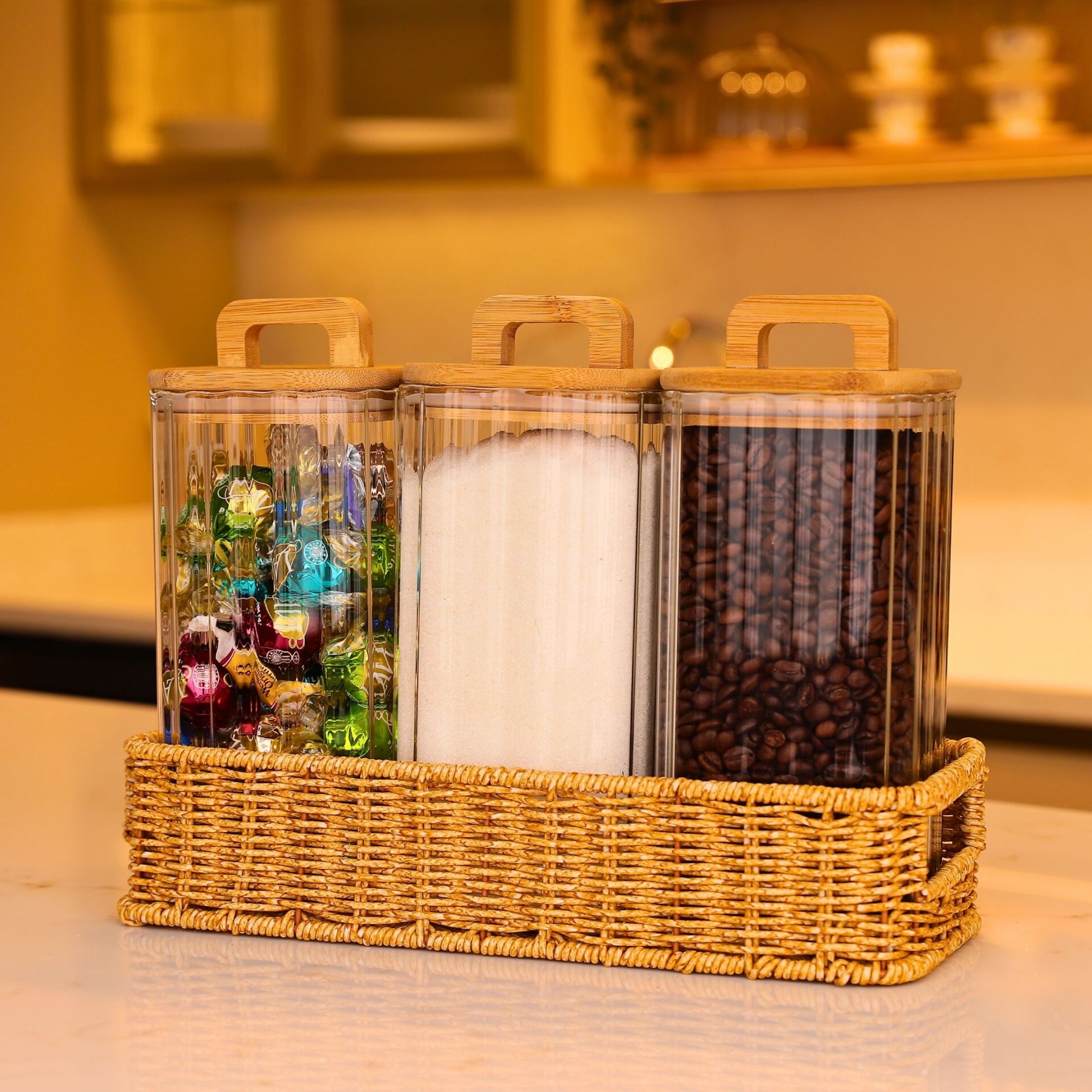 3LÜ MİLLA TEZGAH ÜSTÜ BAMBU KAPAKLI KAVANOZ KOMBİN SET (6073-095)