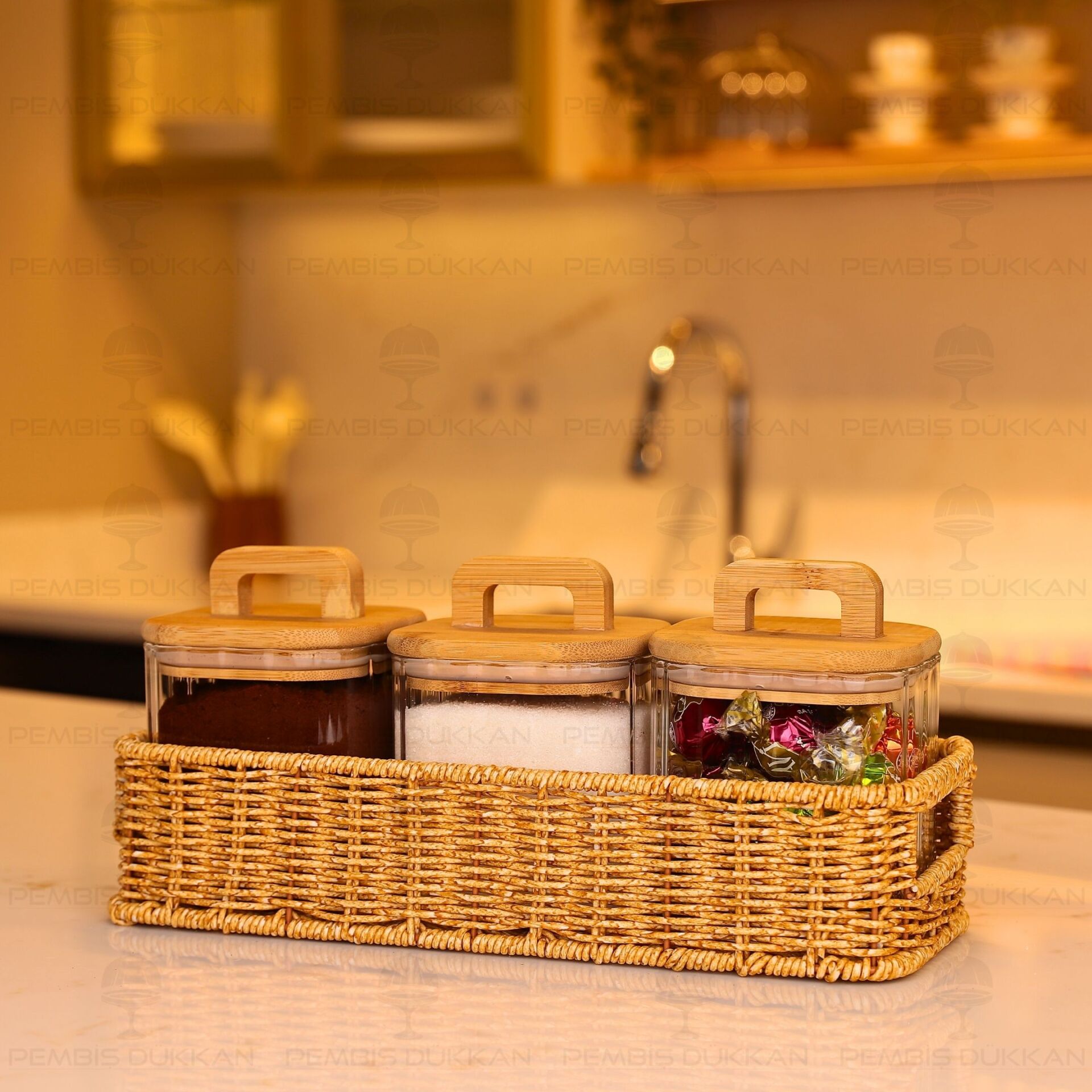 3LÜ MİLLA TEZGAH ÜSTÜ BAMBU KAPAKLI KAVANOZ KOMBİN SET (6073-093)