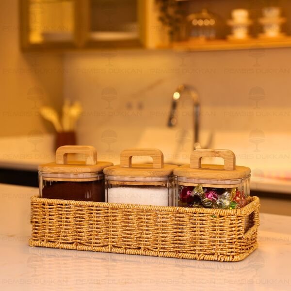 3LÜ MİLLA TEZGAH ÜSTÜ BAMBU KAPAKLI KAVANOZ KOMBİN SET (6073-093)