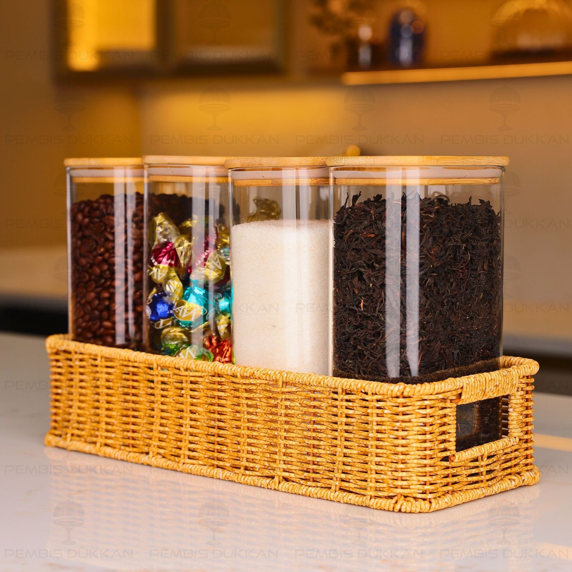 4LÜ DİKDÖRTGEN TEZGAH ÜSTÜ BAMBU KAPAKLI KAVANOZ KOMBİN SET (6073-1363)