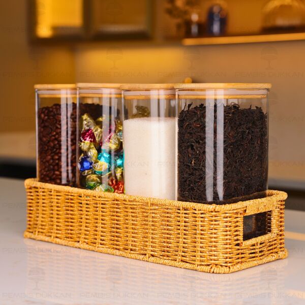 4LÜ DİKDÖRTGEN TEZGAH ÜSTÜ BAMBU KAPAKLI KAVANOZ KOMBİN SET (6073-1363)