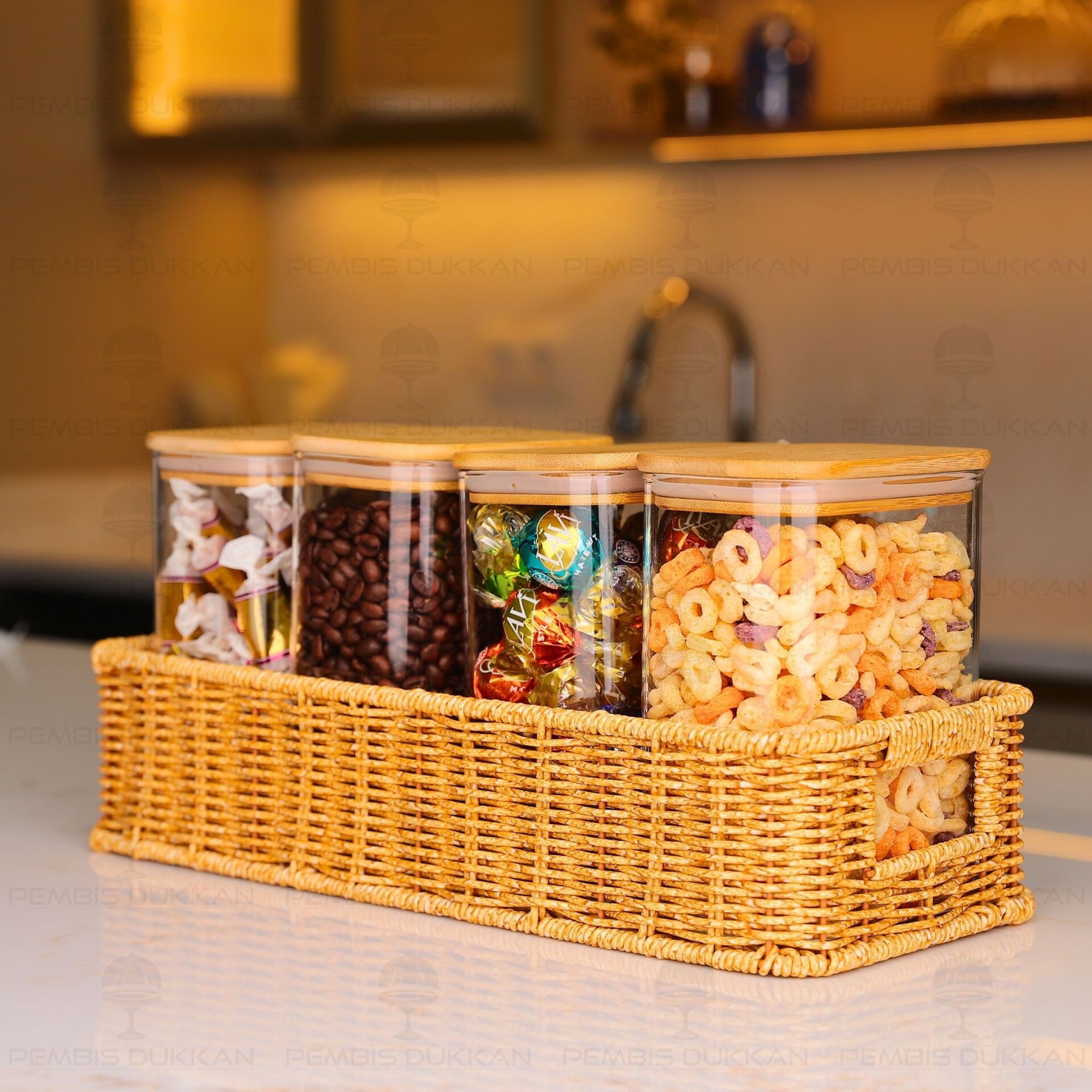 4LÜ DİKDÖRTGEN TEZGAH ÜSTÜ BAMBU KAPAKLI KAVANOZ KOMBİN SET (6073-1362)