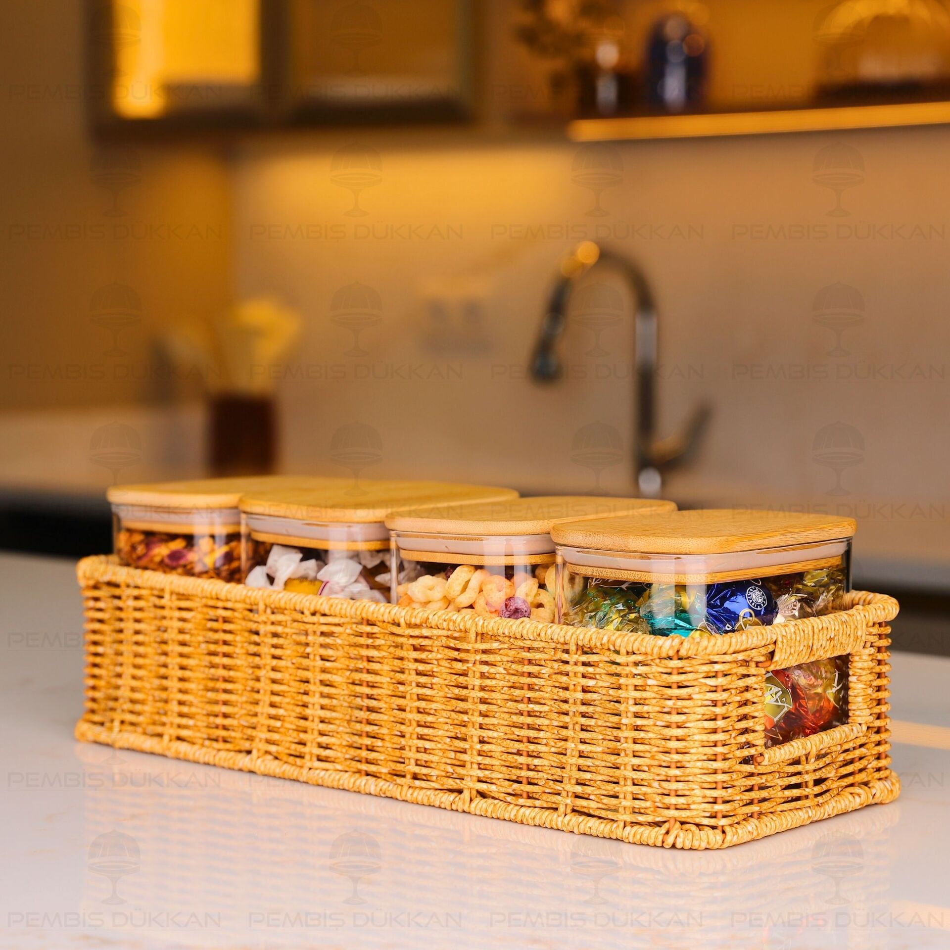 4LÜ DİKDÖRTGEN TEZGAH ÜSTÜ BAMBU KAPAKLI KAVANOZ KOMBİN SET (6073-1361)