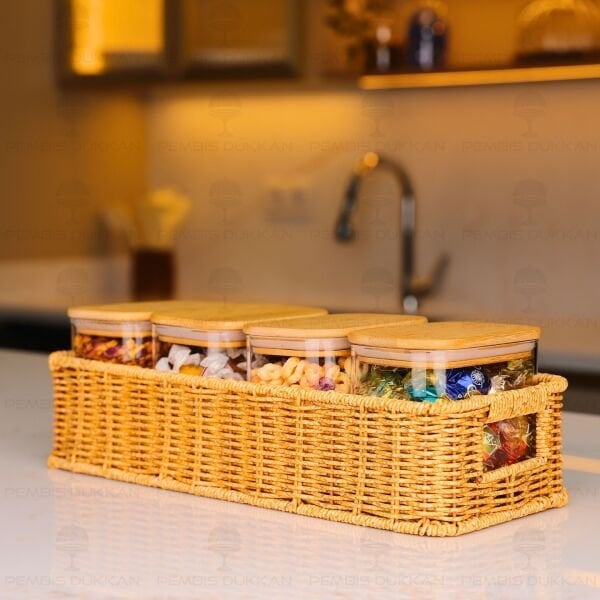 4LÜ DİKDÖRTGEN TEZGAH ÜSTÜ BAMBU KAPAKLI KAVANOZ KOMBİN SET (6073-1361)