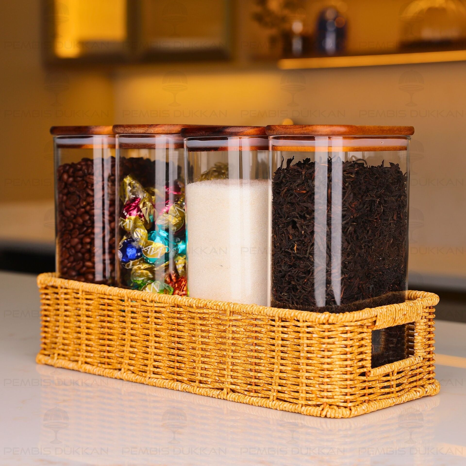 4LÜ DİKDÖRTGEN TEZGAH ÜSTÜ AKASYA KAPAKLI KAVANOZ KOMBİN SET (6073-BOR99)