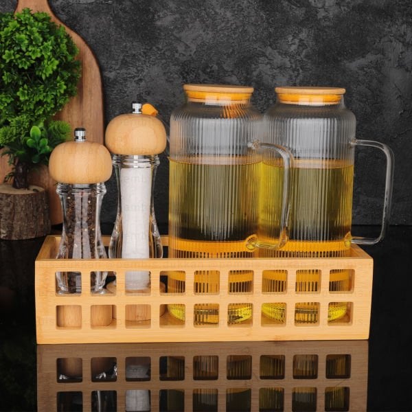 BAMBU DİKDÖRTGEN KASE BAMBU KAPAKLI YAĞDANLIK GLA10+DEĞİRMEN KOMBİN SET