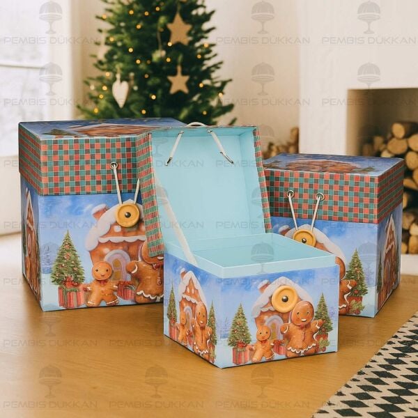 3LÜ YENİ YIL ZENCEFİL KURABİYE EV TEMALI DEKORATİF KUTU SET