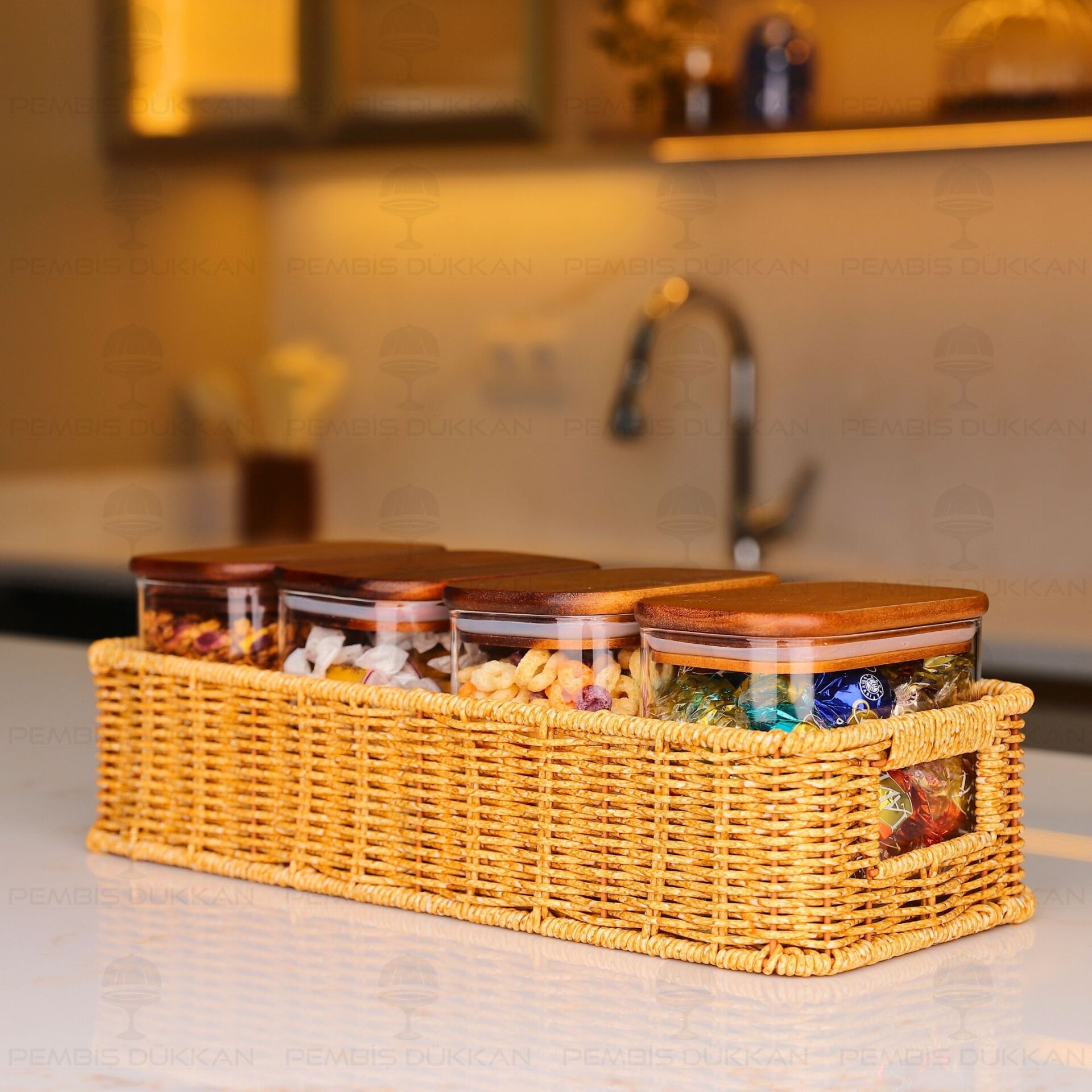 4LÜ DİKDÖRTGEN TEZGAH ÜSTÜ AKASYA KAPAKLI KAVANOZ KOMBİN SET (6073-BOR97)