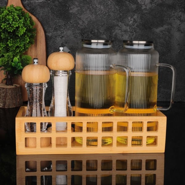 BAMBU DİKDÖRTGEN KASE METAL KAPAKLI YAĞDANLIK GLA09+DEĞİRMEN KOMBİN SET