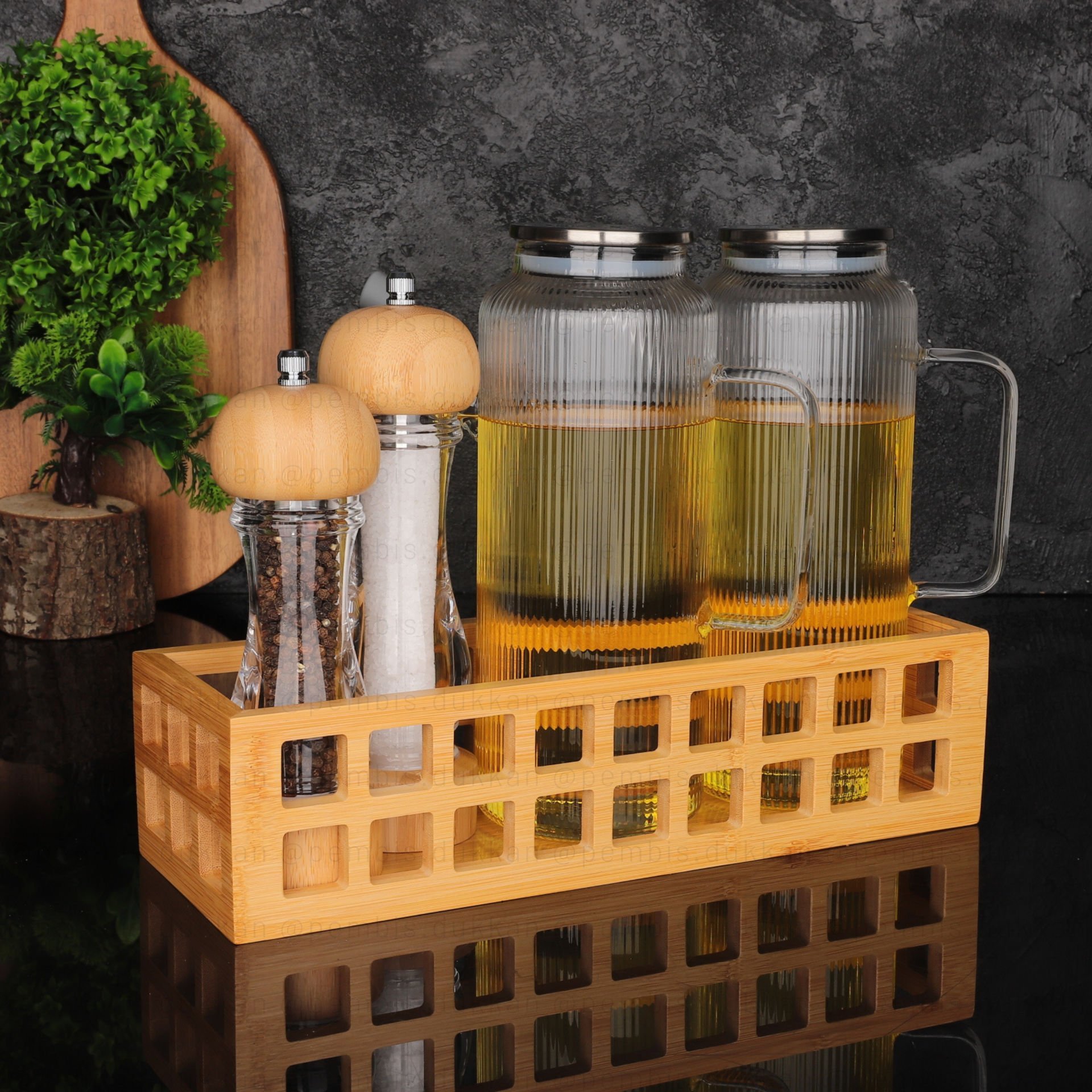 BAMBU DİKDÖRTGEN KASE METAL KAPAKLI YAĞDANLIK GLA09+DEĞİRMEN KOMBİN SET