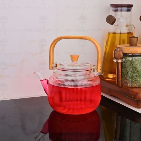 1000ML BAMBU KULPLU ÇİZGİLİ BOROSİLİKAT CAM, SÜZGEÇLİ DEMLİK (COS-92)