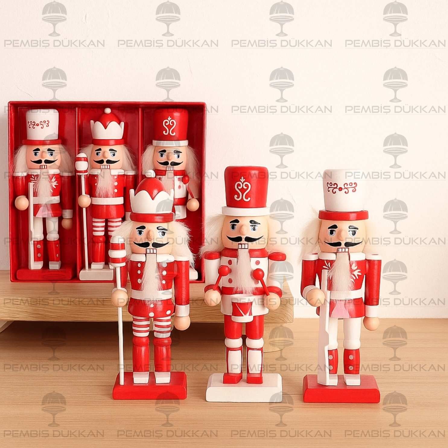 3LÜ 15 CM AHŞAP KURŞUN ASKER SETİ (KIRMIZI-BEYAZ)