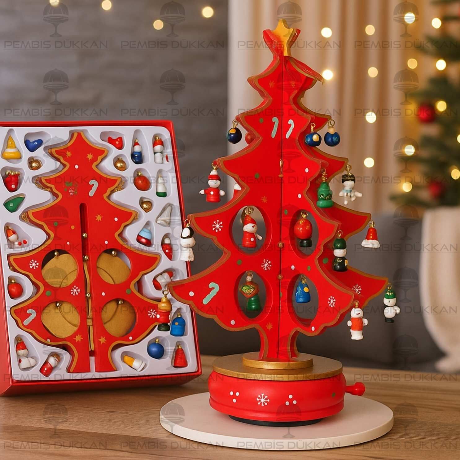 AHŞAP MÜZİKLİ 32CM KIRMIZI ÇAM AĞACI DEKOR