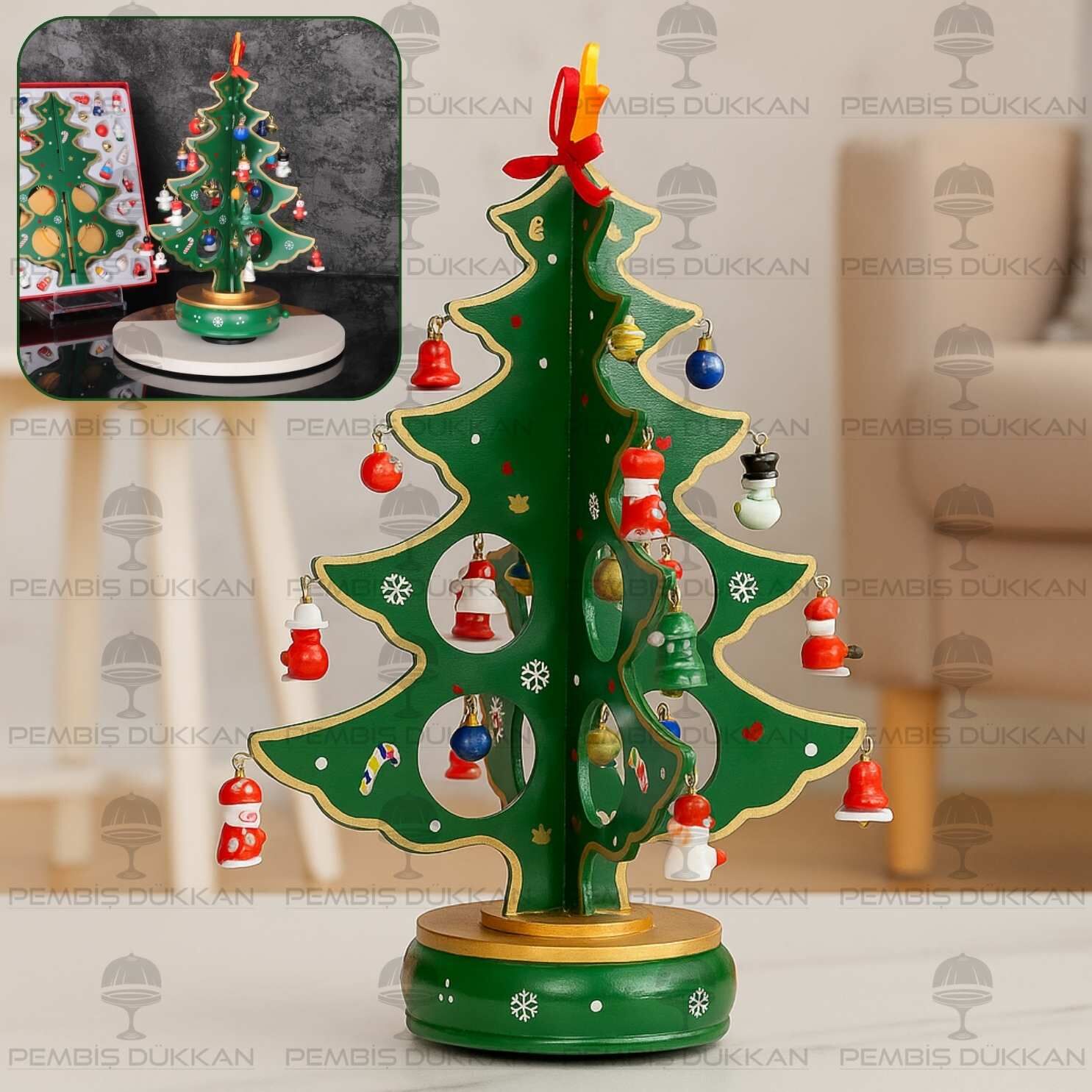 AHŞAP MÜZİKLİ  32CM YEŞİL ÇAM AĞACI DEKOR