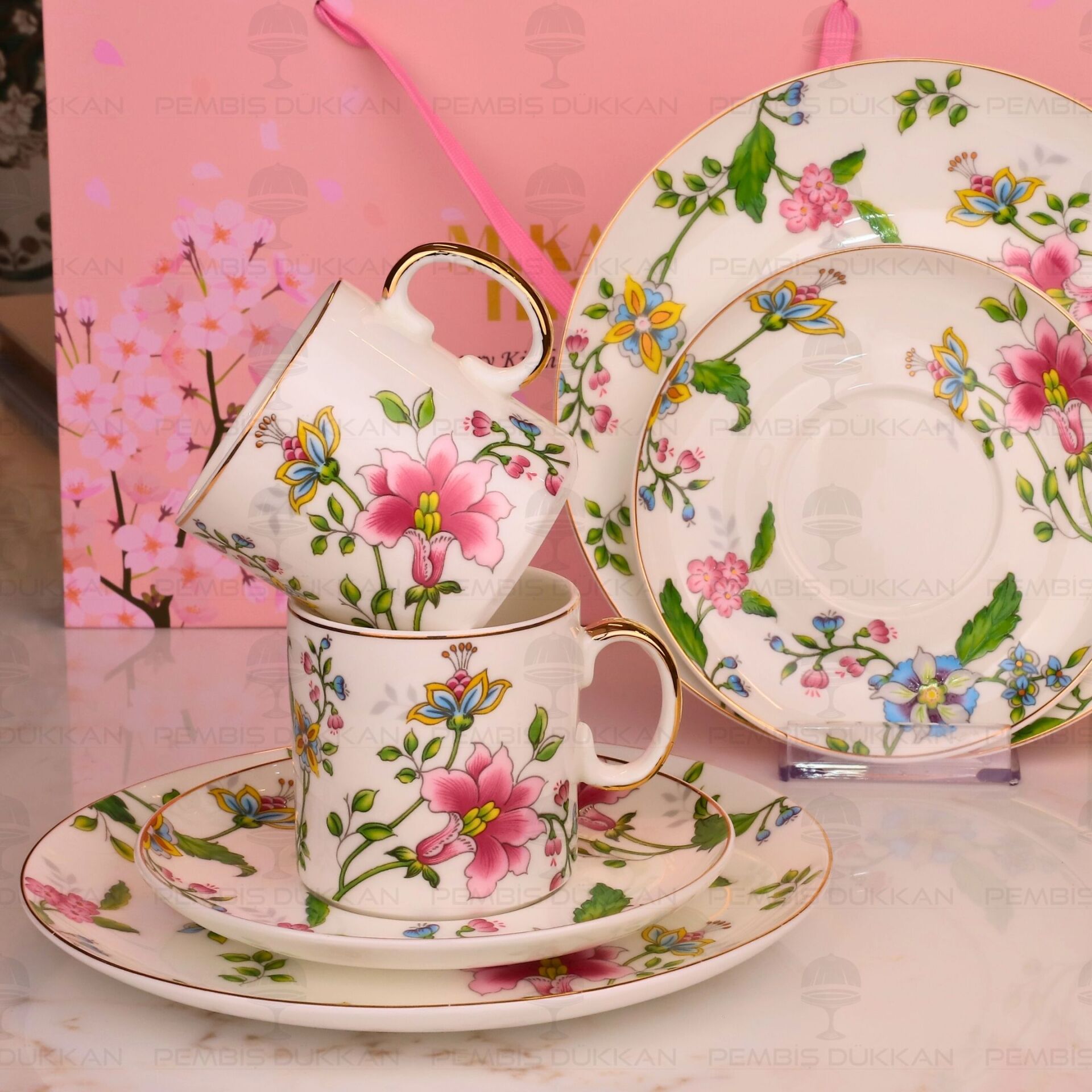 FLORİD 6 PARÇA 2 KİŞİLİK PASTA TABAKLI ÇAY FİNCAN TAKIMI