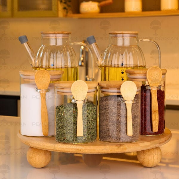 6lı Bambu Standlı Ocak Yanı Yağdanlık Kombin Set 180