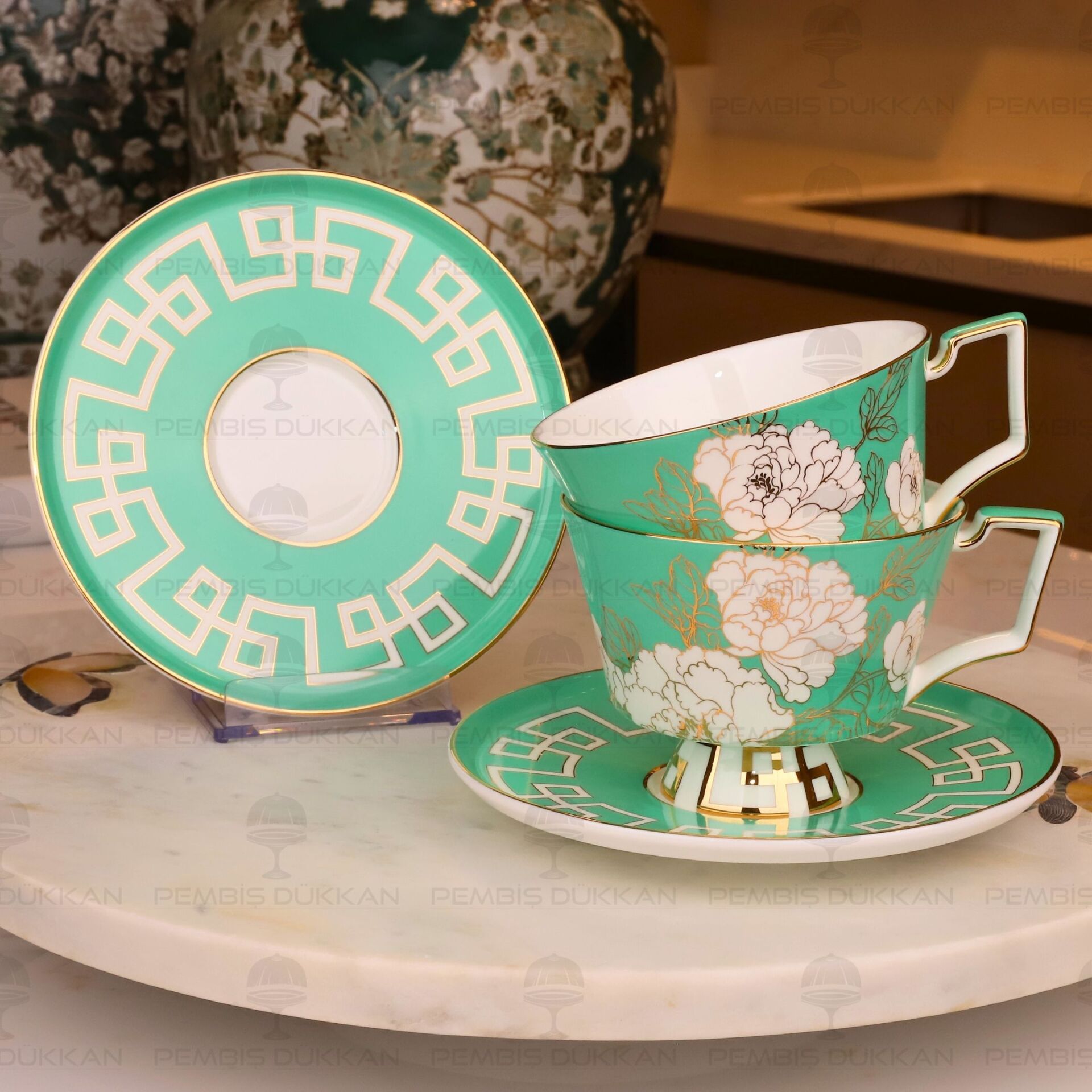 YEŞİL PEONİA 2 KİŞİLİK ÇAY FİNCAN TAKIMI