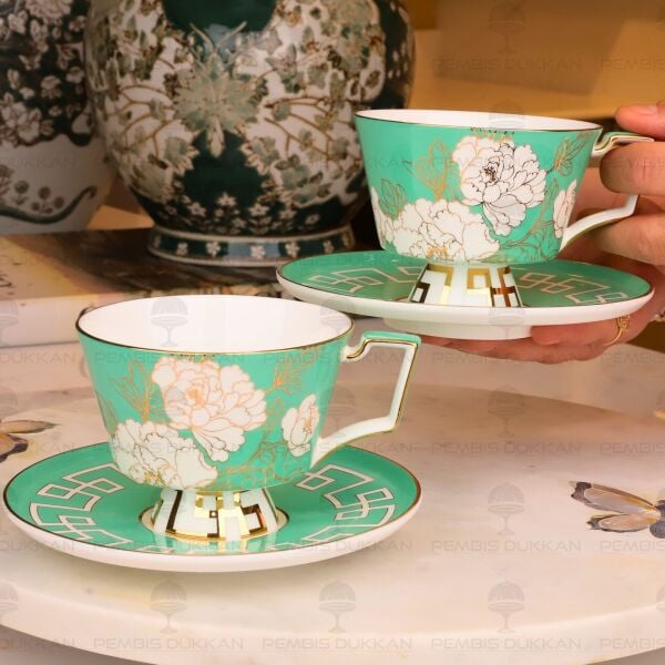 YEŞİL PEONİA 2 KİŞİLİK ÇAY FİNCAN TAKIMI