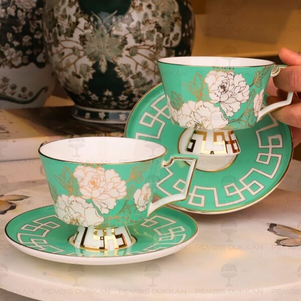YEŞİL PEONİA 2 KİŞİLİK ÇAY FİNCAN TAKIMI