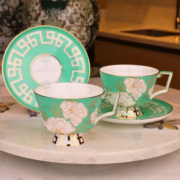 YEŞİL PEONİA 2 KİŞİLİK ÇAY FİNCAN TAKIMI