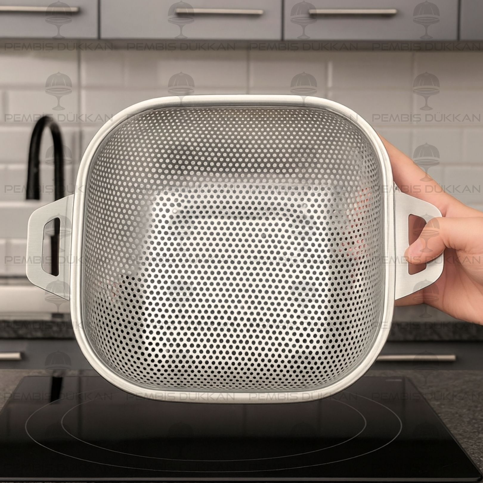 24CM KARE KULPLU, ÇELİK SÜZGEÇ (SZG364)