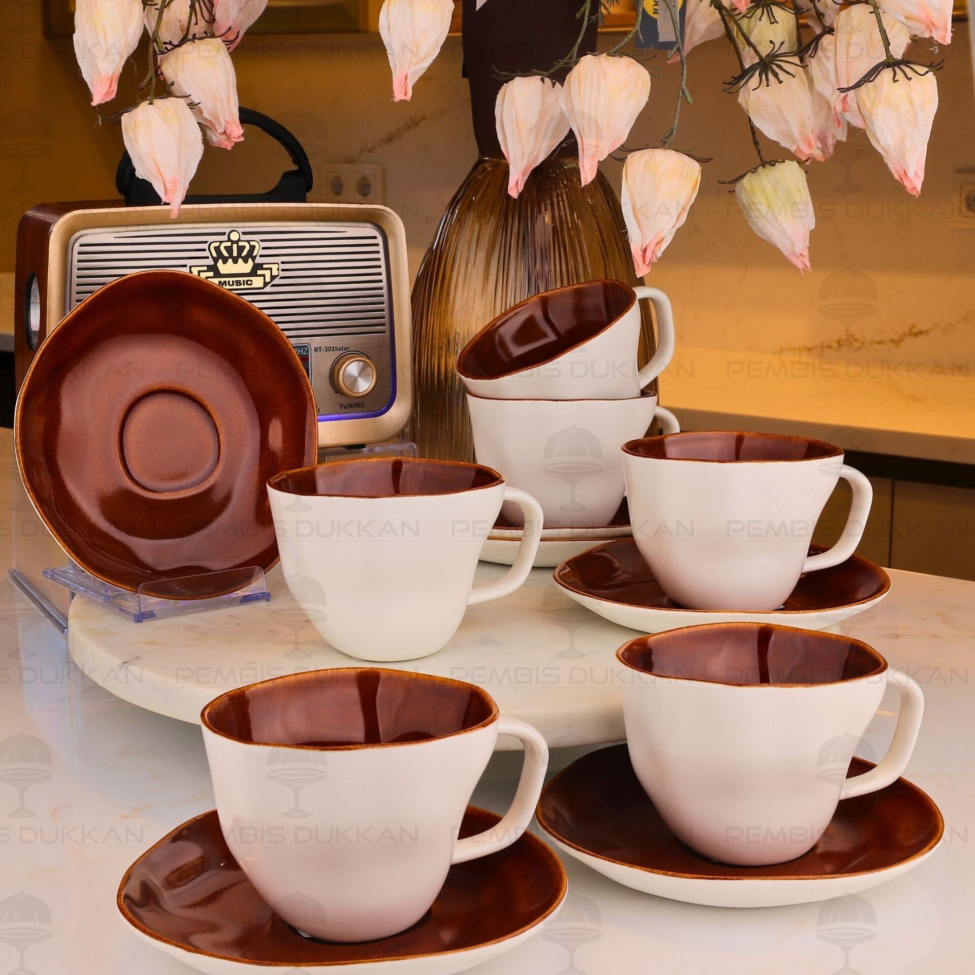 BEYAZ KARAMEL 6 KİŞİLİK ÇAY FİNCAN TAKIMI