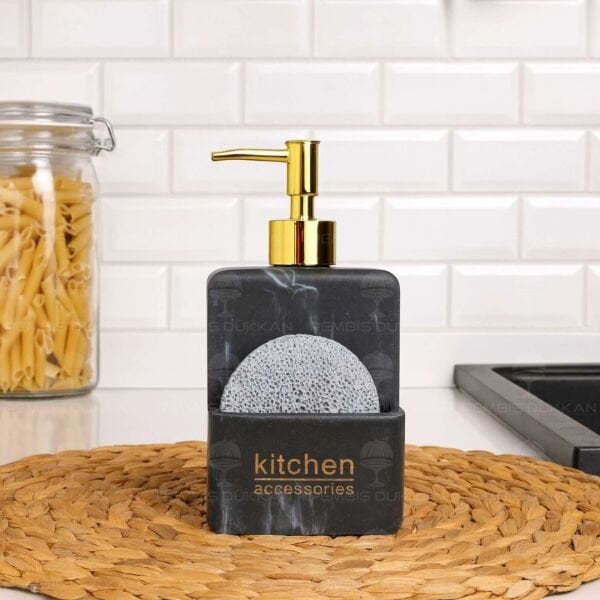SİYAH MERMER DESENLİ, SÜNGERLİK HAZNELİ POLYRESİN SIVI SABUNLUK (56815) GOLD BAŞLIKLI