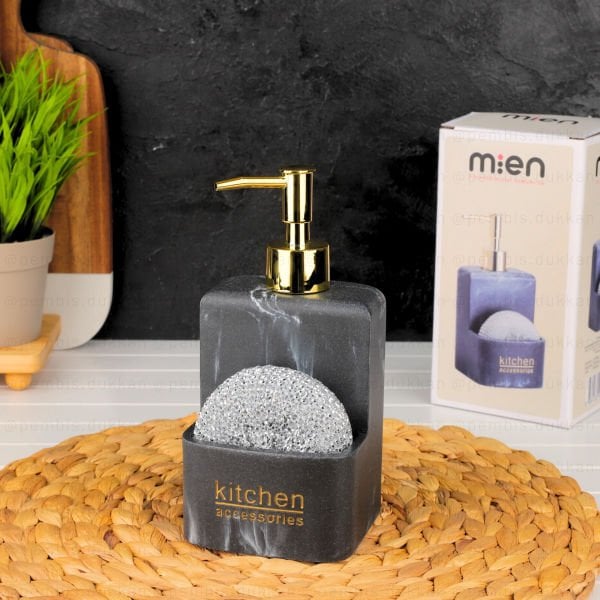 SİYAH MERMER DESENLİ, SÜNGERLİK HAZNELİ POLYRESİN SIVI SABUNLUK (56815) GOLD BAŞLIKLI