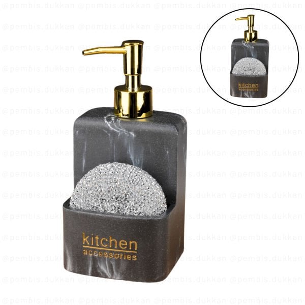 SİYAH MERMER DESENLİ, SÜNGERLİK HAZNELİ POLYRESİN SIVI SABUNLUK (56815) GOLD BAŞLIKLI