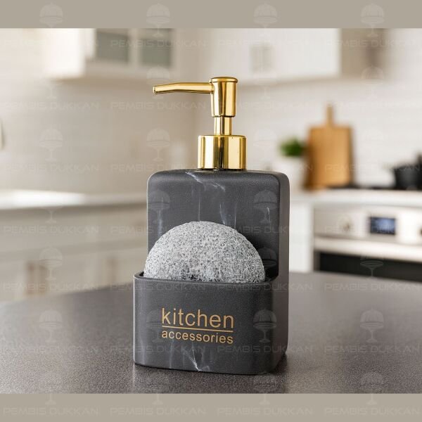 SİYAH MERMER DESENLİ, SÜNGERLİK HAZNELİ POLYRESİN SIVI SABUNLUK (56815) GOLD BAŞLIKLI