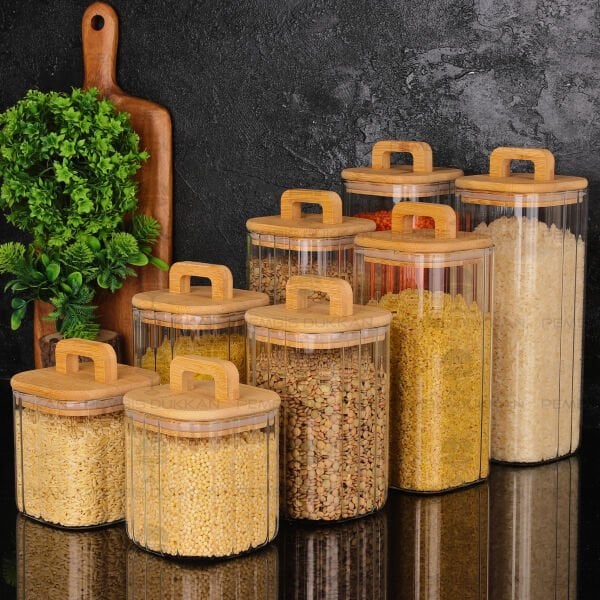 8Lİ MİLLA ERZAK BAMBU KAPAKLI KAVANOZ SET (BOR093-094-095-096)