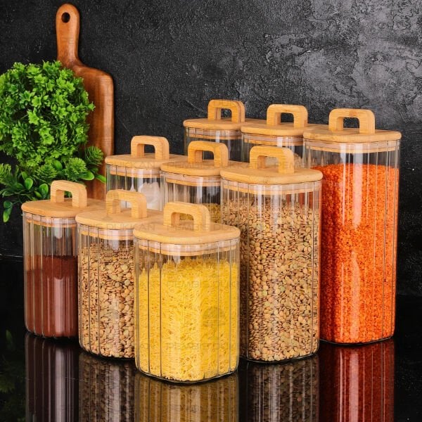 9LU MİLLA ERZAK BAMBU KAPAKLI KAVANOZ SET (BOR094-095-096)