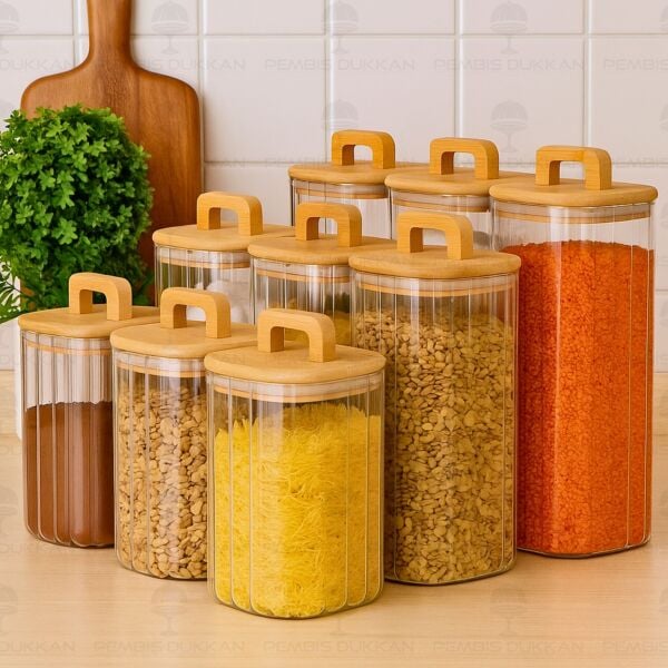 9LU MİLLA ERZAK BAMBU KAPAKLI KAVANOZ SET (BOR094-095-096)