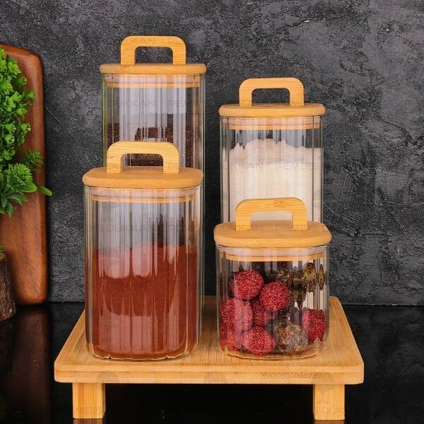 4LÜ MİLLA TEZGAH ÜSTÜ BAMBU KAPAKLI KAVANOZ KOMBİN SET (8B71)