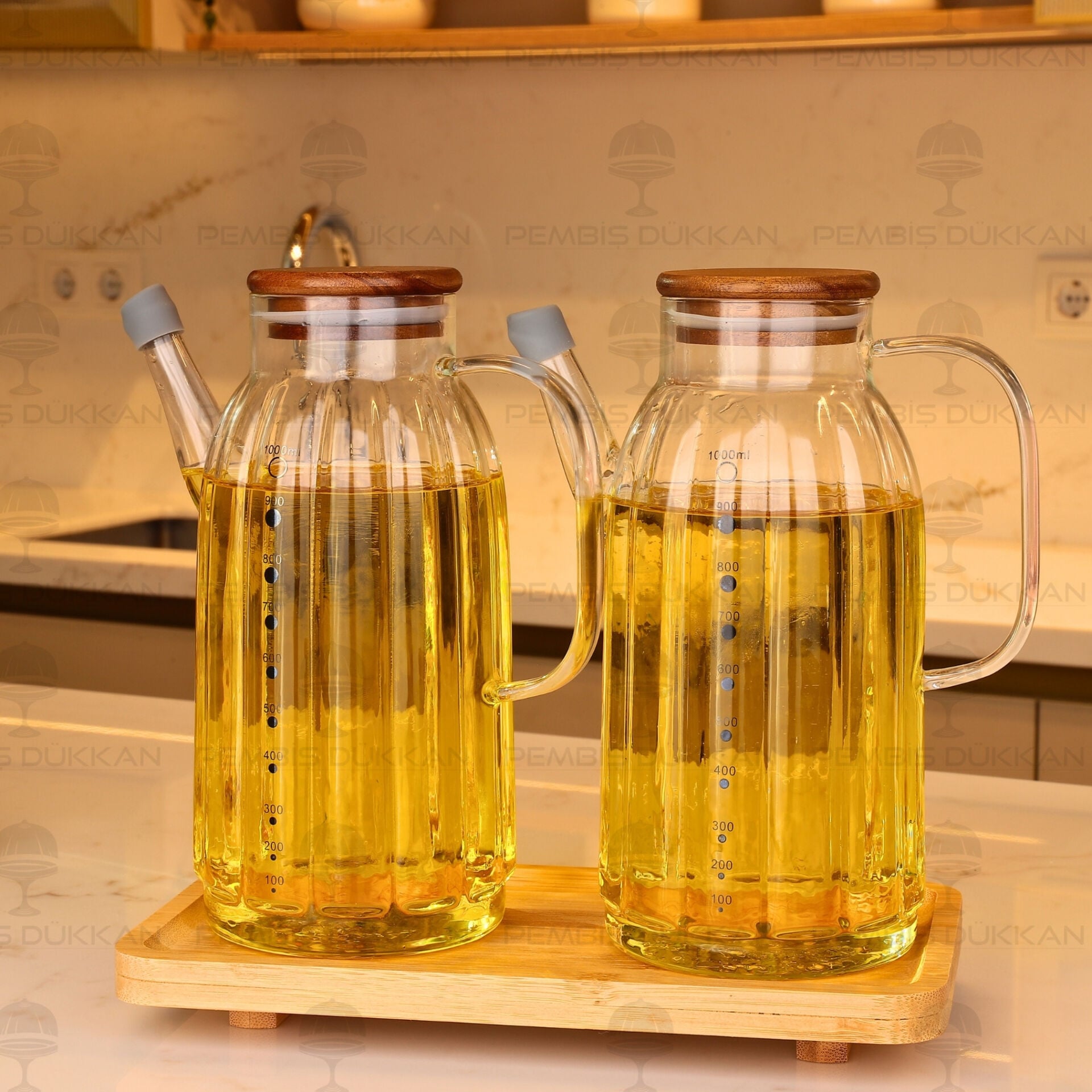 Bambu Altlıklı, 2li Kalın Çizgili Akasya Yağdanlık Set (Gla021 + 8b31)