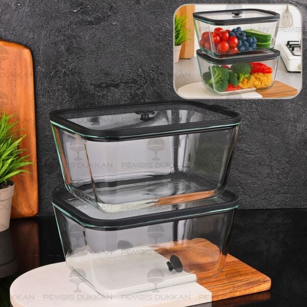 2Lİ SİYAH 2620ML SİLİKON VAKUMLU, CAM SAKLAMA KABI (3H04)