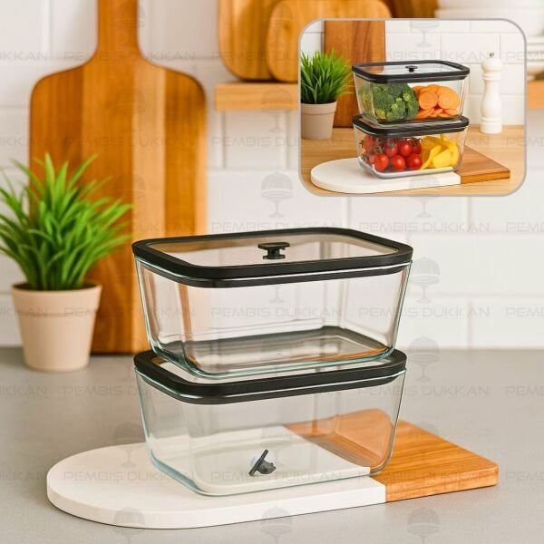 2Lİ SİYAH 1380ML SİLİKON VAKUMLU, CAM SAKLAMA KABI (3H03)