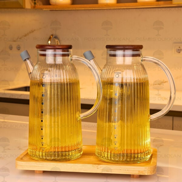 Bambu Altlıklı, 2li İnce Çizgili Bambu Yağdanlık Set (Gla022 + 8b31)