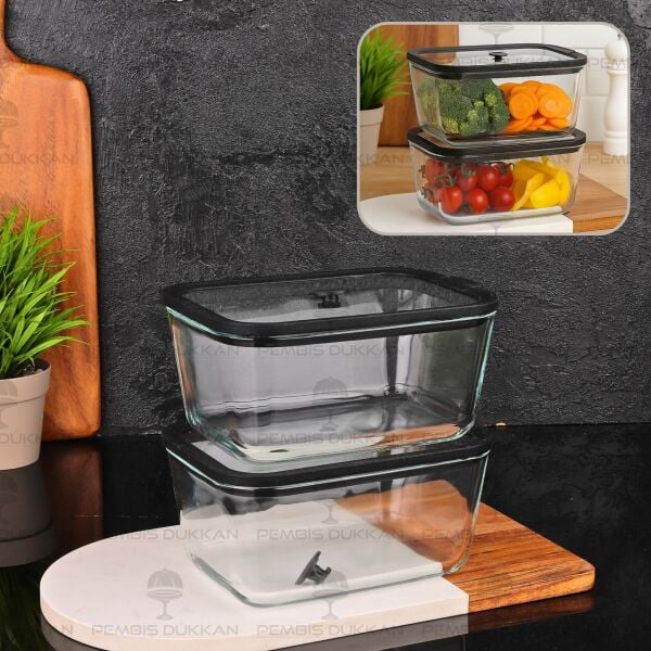 2Lİ SİYAH 1380ML SİLİKON VAKUMLU, CAM SAKLAMA KABI (3H03)